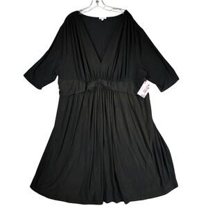 Kiyonna Midi Dress sz 4 Women Black Gold Metallic 3/4 Sleeve Stretch‎ Ruched NEW